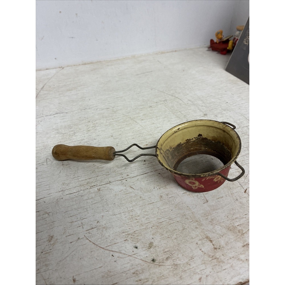 Rare Color Vintage RED & BEIGE FLOWERS Small SIFTER Enamelware Kitchen Scoop